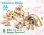 Escena Navideña con Casas y Tren - Archivos SVG y DXF para Corte Láser - Decoración Festiva