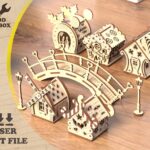 Escena Navideña: Casitas LED Cortadas a Laser - 5 Piezas con Puente y Farola para Decoración