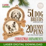 Adorno navideño láser SVG para perros - 51 razas y personalización de nombre, 20 frases divertidas.