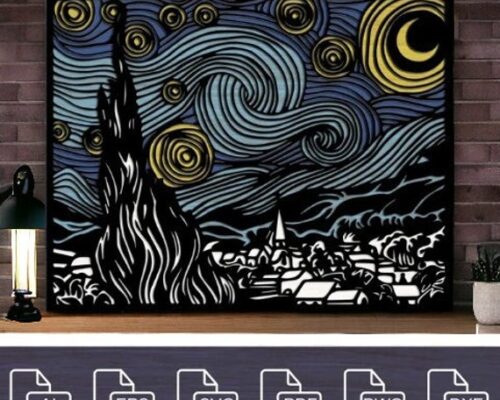 Cuadro 3D Noche Estrellada Multicapas para Corte Láser - Arte Decorativo Personalizado