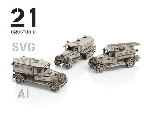 Conjunto de vehículos de emergencia y construcción en formato DXF y SVG para corte láser