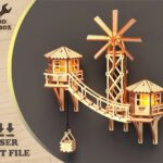 Archivo de Corte Láser para Decoración de Pared - Plantilla SVG DXF Casa del Árbol con Molino de Viento