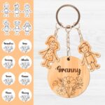 Llavero personalizado para abuela con nietos - Diseño floral cortado a láser - Regalo familiar único