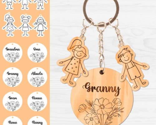 Llavero personalizado para abuela con nietos - Diseño floral cortado a láser - Regalo familiar único