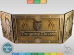 Plantilla de corte láser Dungeon Master con dragón y dados - Archivos DXF, SVG, AI para descarga inmediata