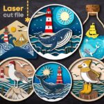 Paquete SVG de Adornos Marinos para Corte Láser Glowforge - Faro, Ballena, Barco y Olas