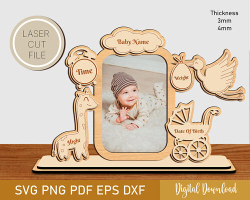 Marco de Fotos Personalizado para Bebés - Diseño Infantil en PDF/DXF para Corte Láser 3mm/4mm