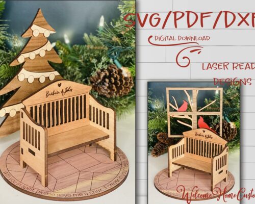 Plantillas de corte láser para Glowforge: Banco con árbol y cardenal - PDF SVG DXF - Decoración única