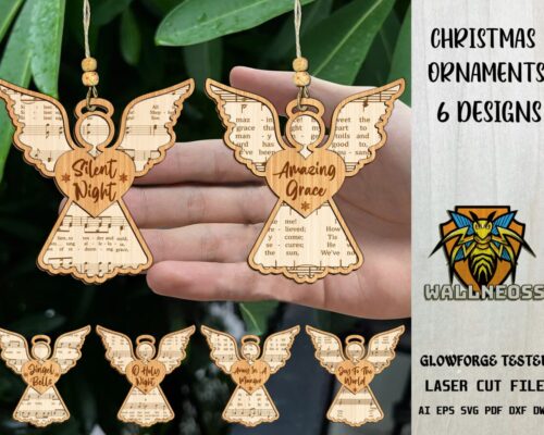 Paquete SVG de adornos navideños para corte láser - Estampas de ángel y partituras para decoraciones