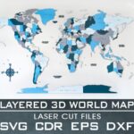 Mapa del Mundo 3D Multicapa para Corte Láser - Archivos SVG, EPS, DXF, CDR, PDF, 192x117cm