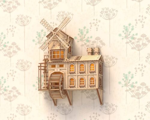 Molino colgante iluminado: kits de corte láser para maquetas de madera 3D y edificios medievales SVG DXF