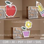 Plantilla de corte láser porta lápices DXF - Soporte de escritorio con flores, manzanas y lápices
