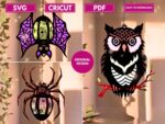 Plantillas SVG y PDF para Lámparas de Halloween - Murciélagos, Arañas y Búhos en 3 Piezas