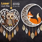 Paquete SVG Atrapasueños para Corte Láser - Decoración de Pared de Búho, Zorro, Hojas y Luna