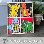 SVG de Pokémon en capas 3D para corte láser - Pikachu, Charmander, Squirtle y Bulbasaur DIY