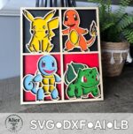 SVG de Pokémon en capas 3D para corte láser - Pikachu, Charmander, Squirtle y Bulbasaur DIY