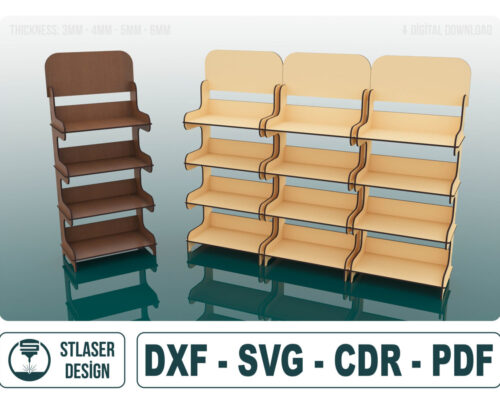 Archivos SVG de soporte de exhibición de 4 estantes para corte láser en madera - Diseño profesional