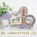 Archivo SVG para Corte Láser: Set de 5 Decoraciones de Flores de Lavanda para Estantes Primavera