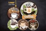 Bundle de Adornos de Café SVG para Corte Láser - Glowforge, Taza, Grano de Café y Señal Redonda