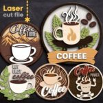 Bundle de Adornos de Café SVG para Corte Láser - Glowforge, Taza, Grano de Café y Señal Redonda