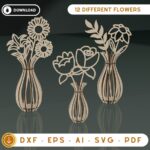 Vasija y 12 Archivos SVG de Flores Silvestres para Corte Láser - Pack de Diseño de Bouquet de Madera