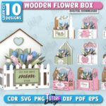 Caja de flores de madera cortada a láser - Cesta 3D para regalo del Día de la Madre y ramo floral SVG