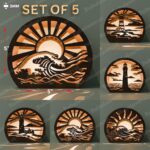Set de 5 Linternas Faro 3D SVG para Corte Láser - Decoración Náutica con Olas Oceánicas